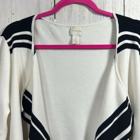 Chicos Sam Striped Draped Black & White Casual Travel Soft Open Front Cardigan - Picture 2 of 16